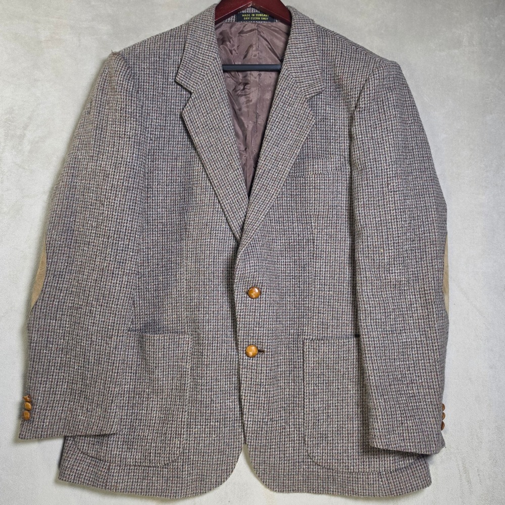 Jaguar Mens Vintage Tweed Blazer Brown Tan Suede Elbow Patches Hungary 40